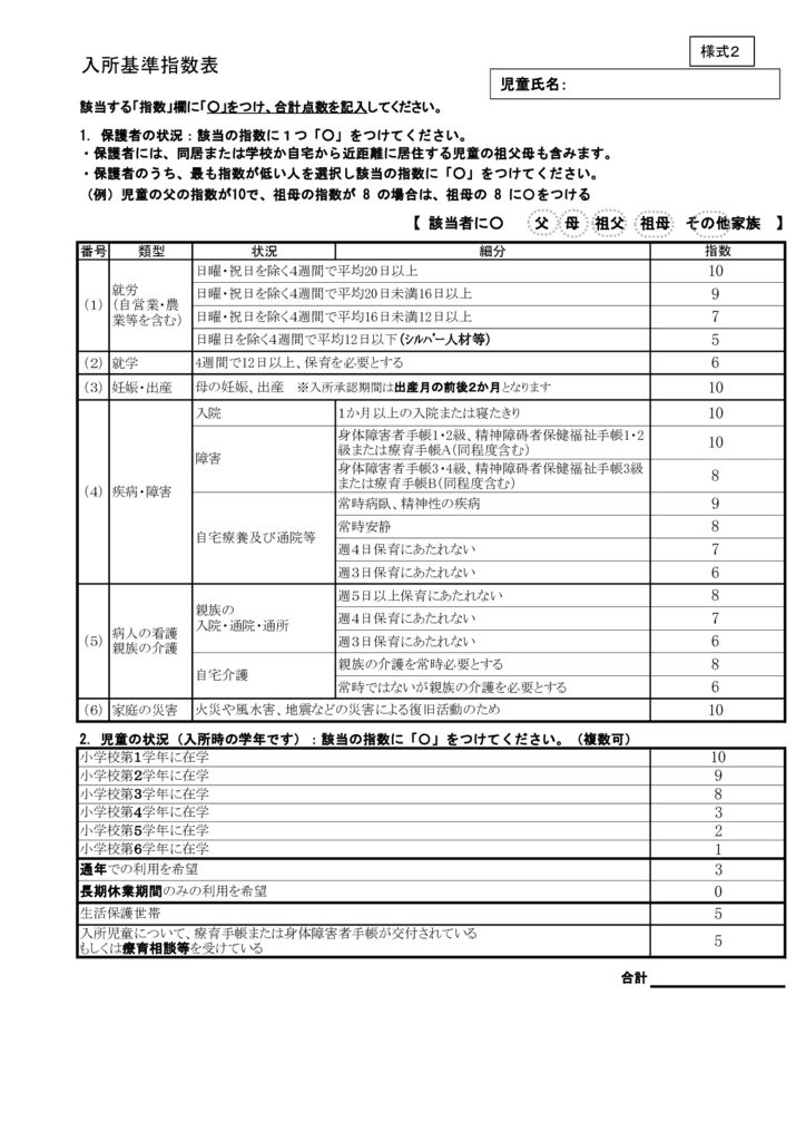 ②入所基準指数表