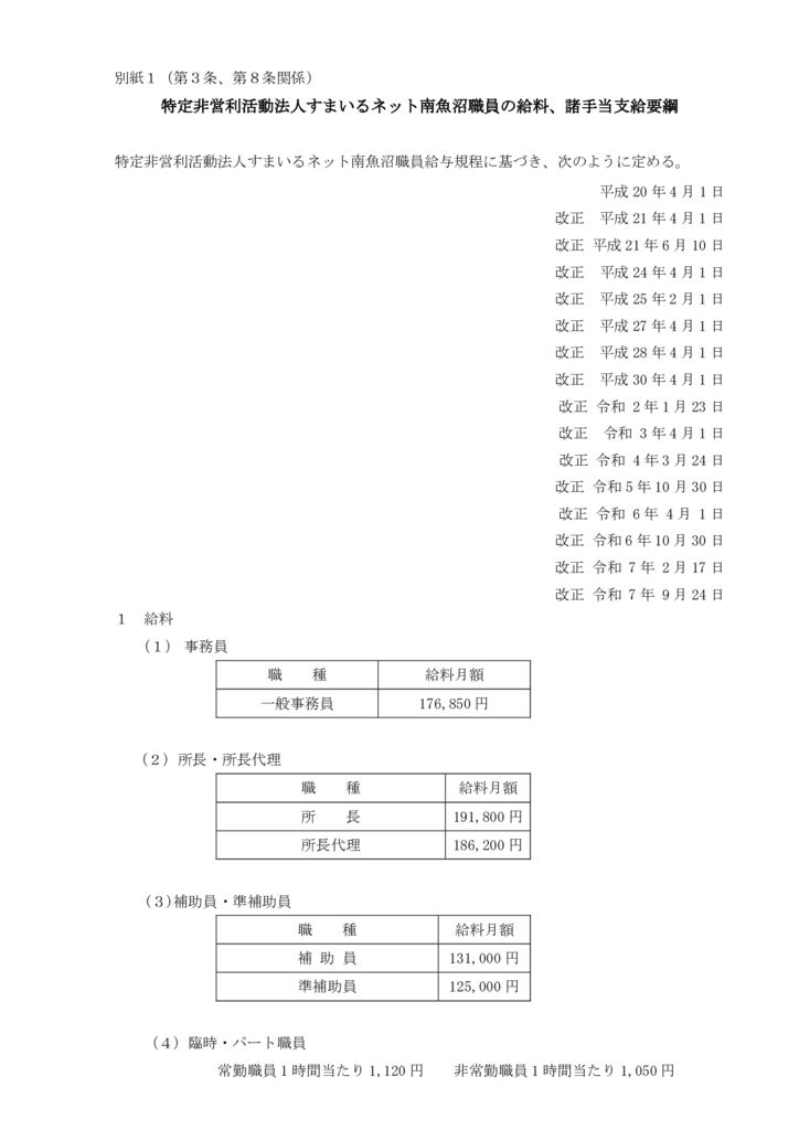 すまいるネット南魚沼職員の給与に関する規程（別紙１）